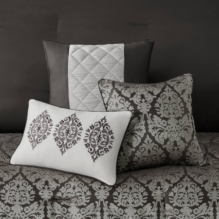 King Black Microfiber Jacquard Comforter Set with Throw Pillows