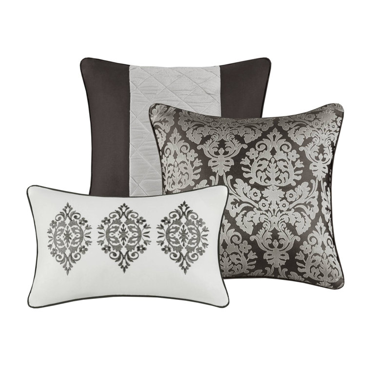 King Black Microfiber Jacquard Comforter Set with Throw Pillows