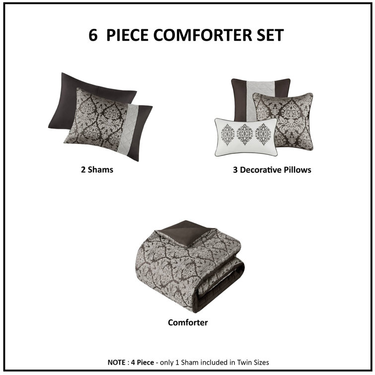 King Black Microfiber Jacquard Comforter Set with Throw Pillows