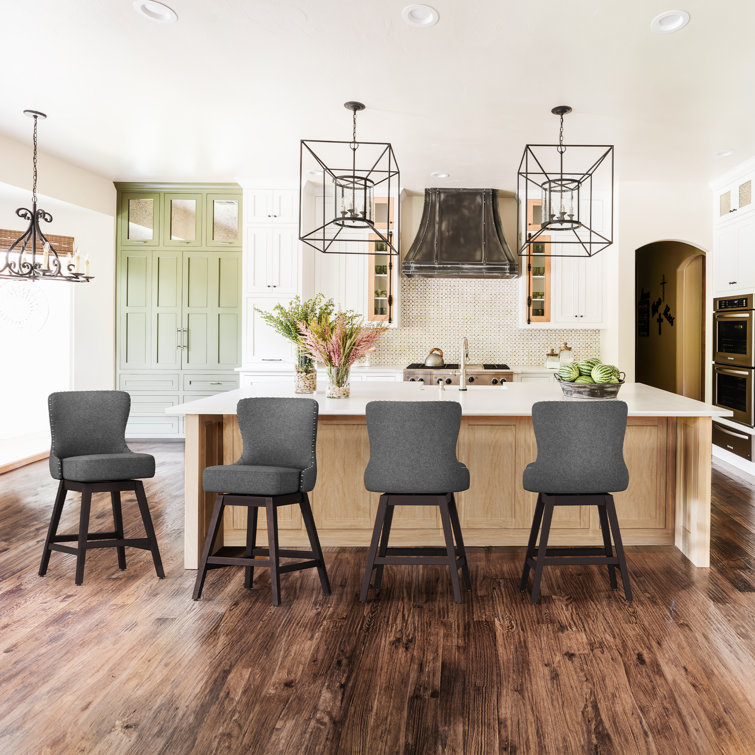 Gray Swivel Upholstered Counter Stool with Wood Frame