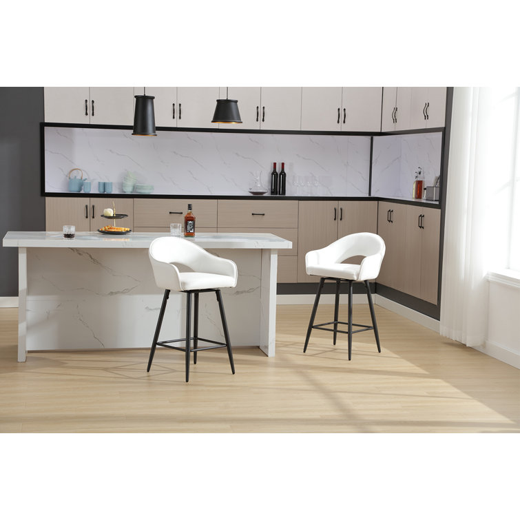 Cream Faux Leather Swivel Counter Stools with Iron Legs, Set of 2