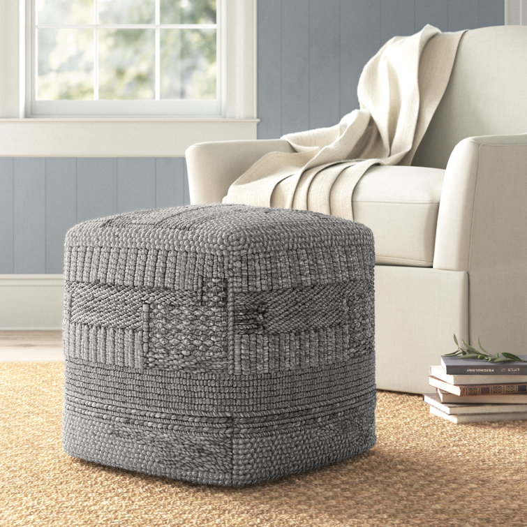 Gray Textured Polyester Square Upholstered Pouf