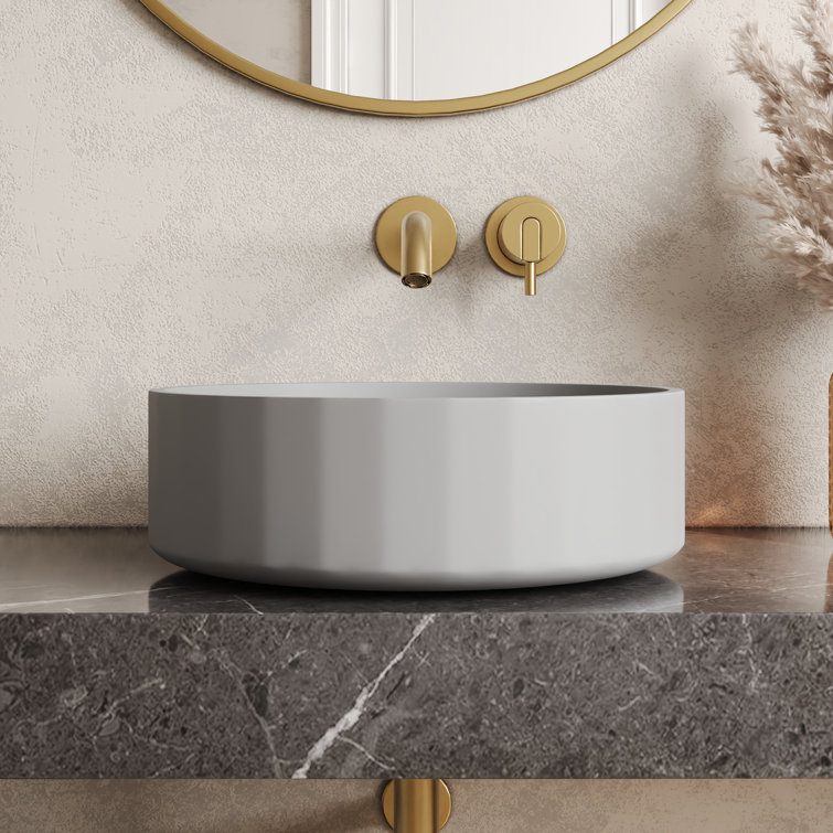 17" Round Light Gray Concrete Above-Counter Bathroom Vessel Sink