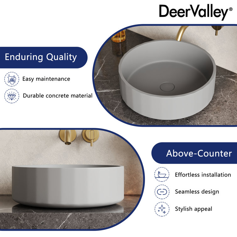 17" Round Light Gray Concrete Above-Counter Bathroom Vessel Sink
