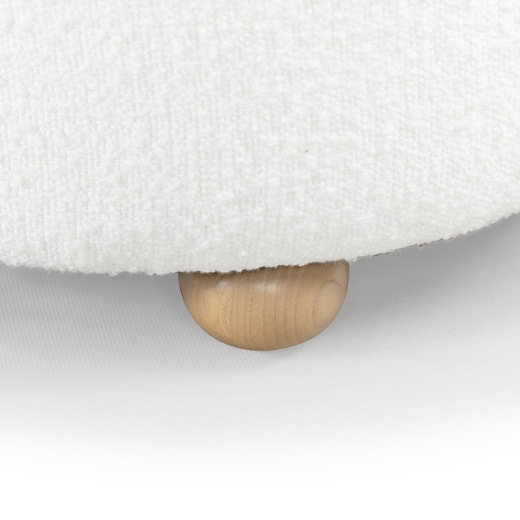 Ivory Round Boucle Storage Ottoman with Wooden Legs