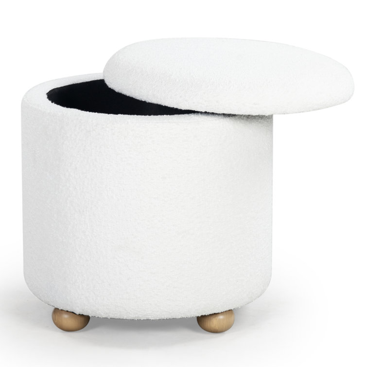 Ivory Round Boucle Storage Ottoman with Wooden Legs