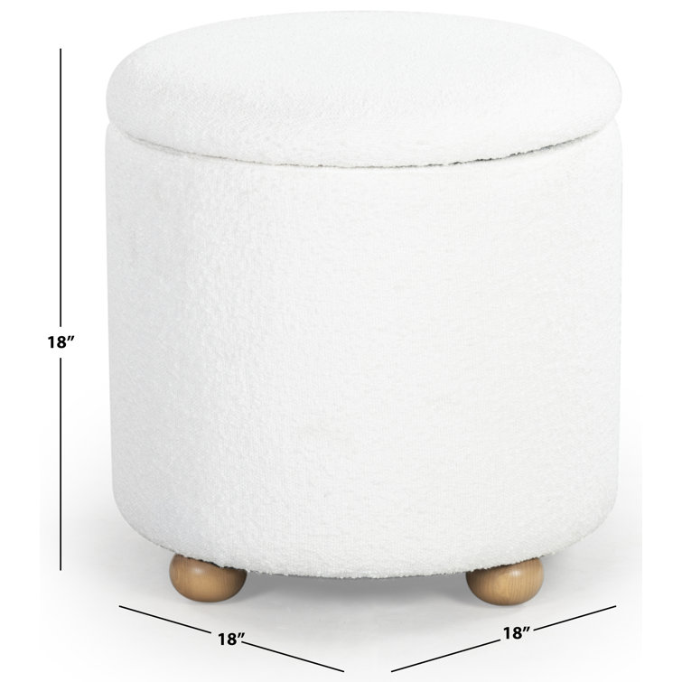 Ivory Round Boucle Storage Ottoman with Wooden Legs
