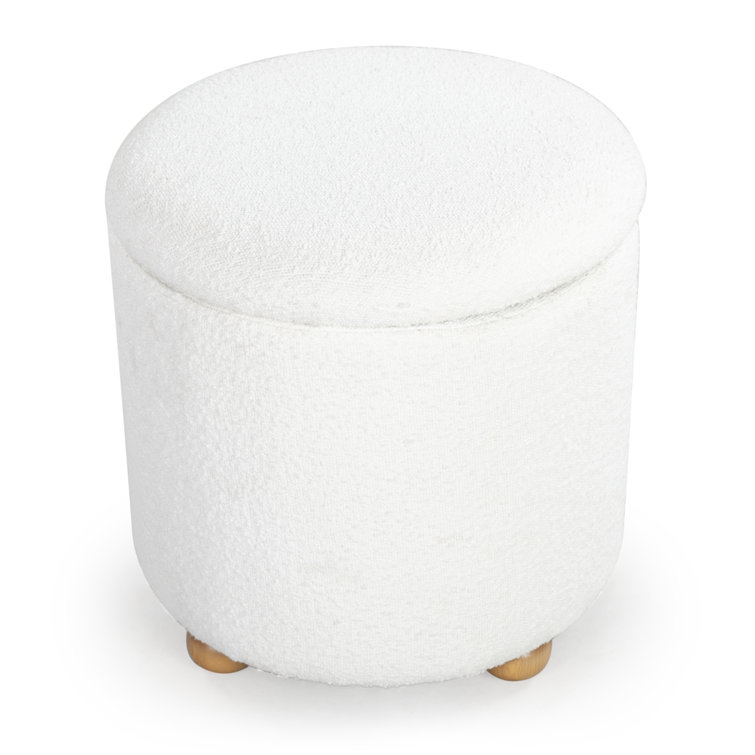 Ivory Round Boucle Storage Ottoman with Wooden Legs