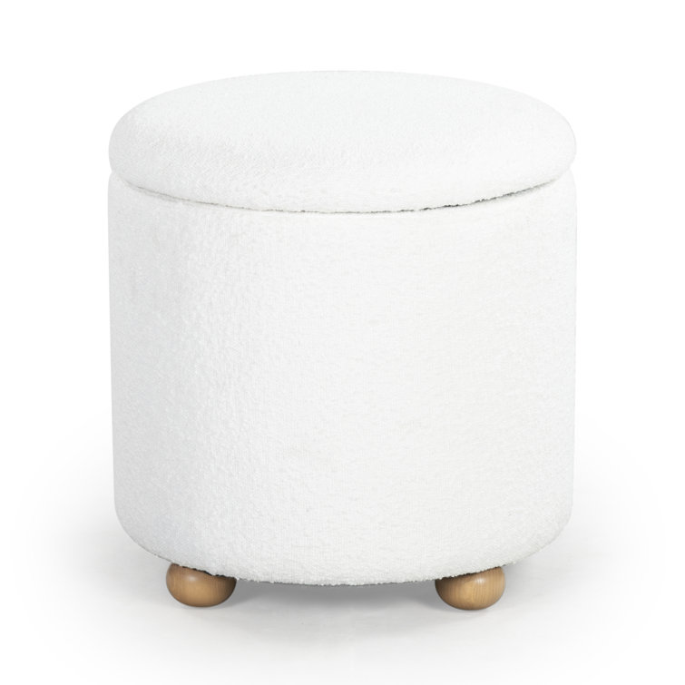 Ivory Round Boucle Storage Ottoman with Wooden Legs