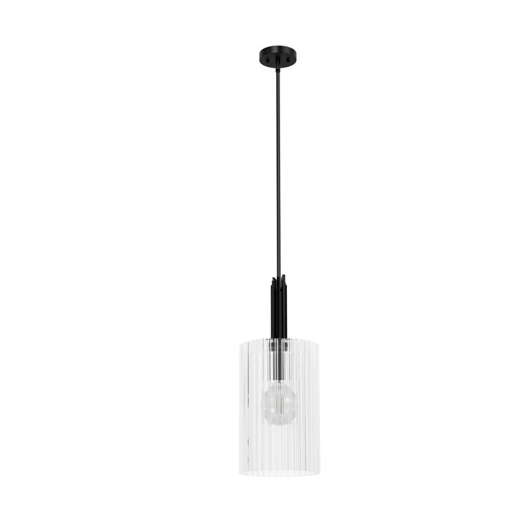 Matte Black Cylinder Pendant Light with Clear Fluted Glass Shade