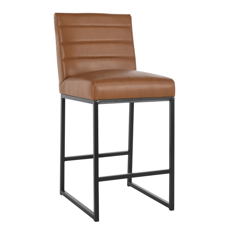 Cognac Brown Leather and Black Metal Swivel Counter Stool