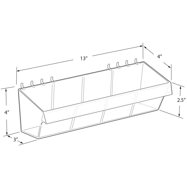 Clear Acrylic 13 Inch Wide Divider Bin for Pegboard or Slatwall, 4-Pack