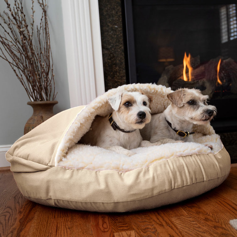 Small Buckskin Microsuede Hooded Pet Bed with Sherpa Lining