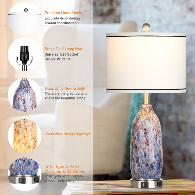26'' Multicolor Glass Table Lamp Set with USB Ports and Silver Base