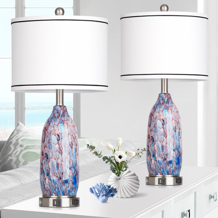 26'' Multicolor Glass Table Lamp Set with USB Ports and Silver Base