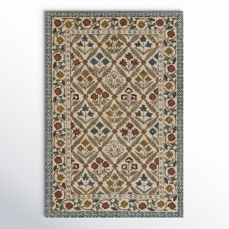 Handmade Blue and Beige Wool Floral 2'x3' Area Rug