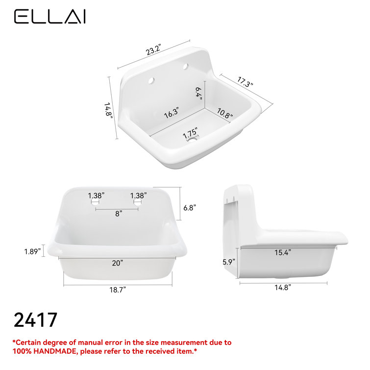 24-Inch White Ceramic Wall-Mounted Farmhouse Utility Sink