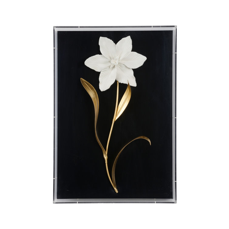 Handmade Porcelain Flower Wall Art with Gold Leaf and Black Frame