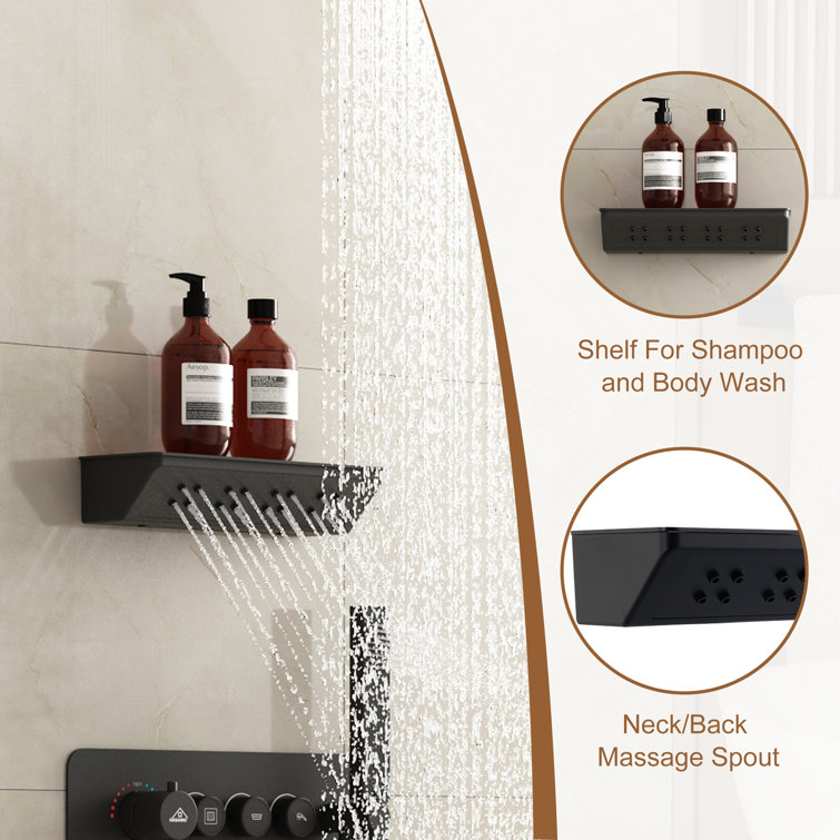 Matte Black Wall Mounted Shower System with Rainfall and Neck Massage