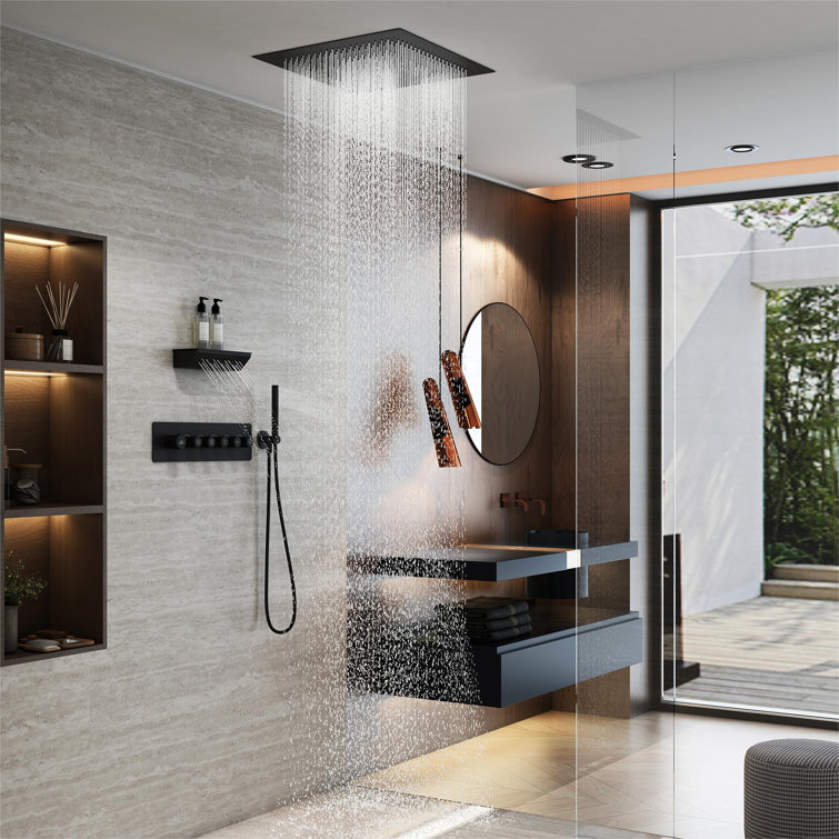 Matte Black Thermostatic Shower System with Rainfall and Jet Functions