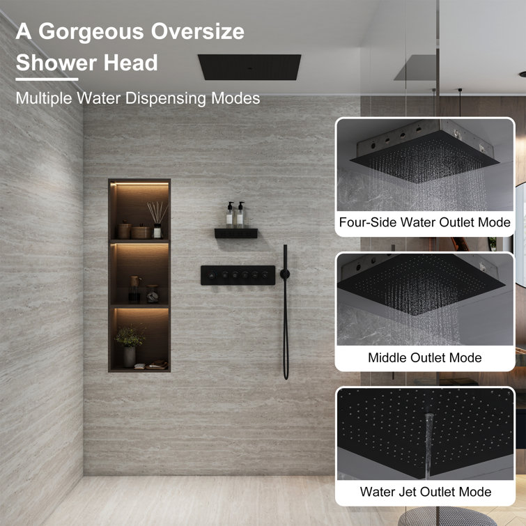 Matte Black Thermostatic Shower System with Rainfall and Jet Functions