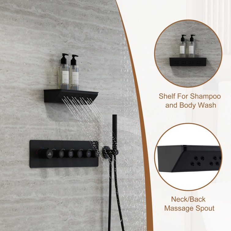 Matte Black Thermostatic Shower System with Rainfall and Jet Functions