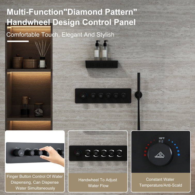 Matte Black Thermostatic Shower System with Rainfall and Jet Functions