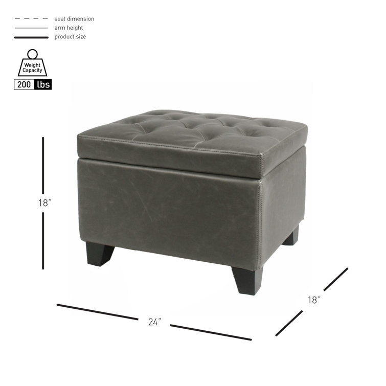 Vintage Gray Tufted Leather Storage Ottoman with Black Birch Legs