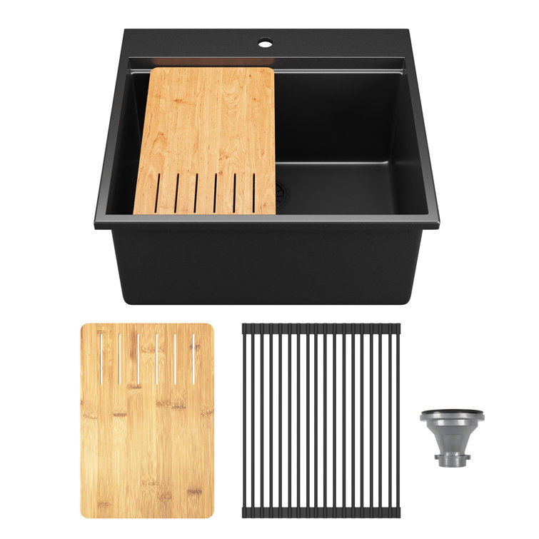 25" Black Quartz Composite Drop-In Single Bowl Kitchen Sink with Accessories