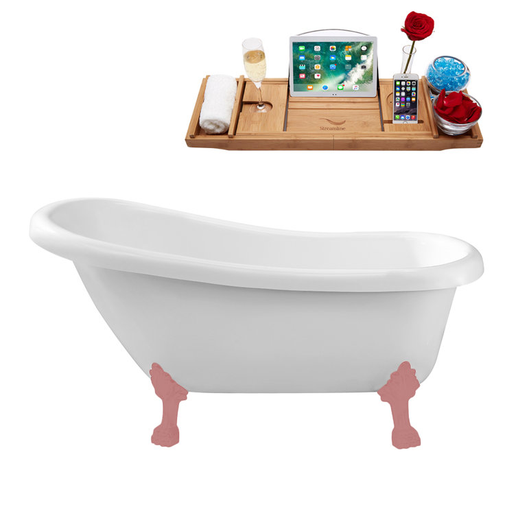 61" White Acrylic Clawfoot Bathtub with Matte Pink Feet
