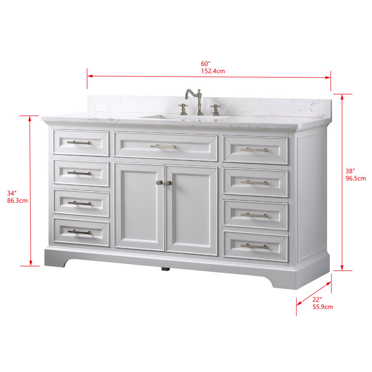 Thompson 60" White Solid Wood Single Bathroom Vanity with Engineered Stone Top