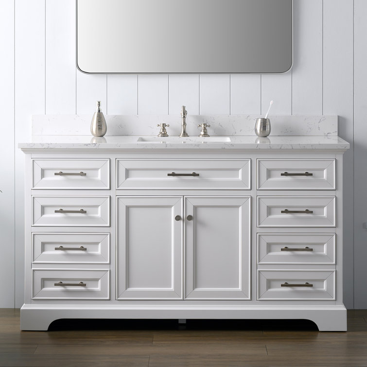 Thompson 60" White Solid Wood Single Bathroom Vanity with Engineered Stone Top