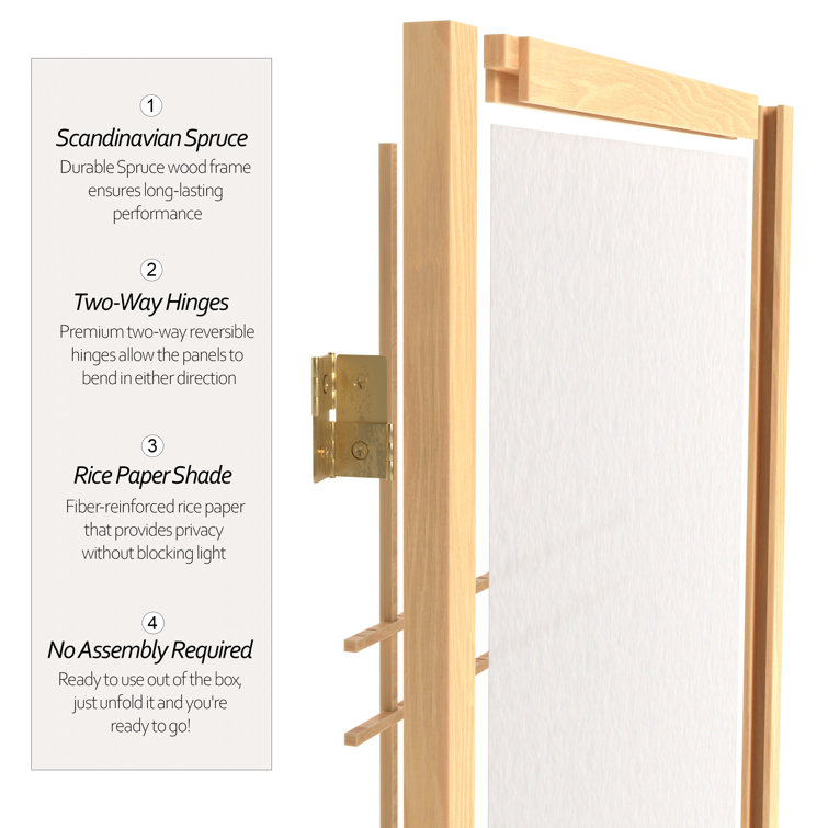 Natural Wood and Shoji Rice Paper 4-Panel Room Divider