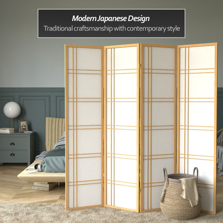 Natural Wood and Shoji Rice Paper 4-Panel Room Divider