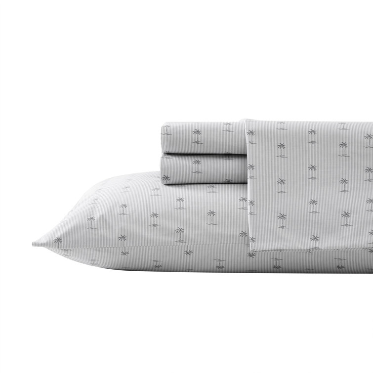 Gray Cotton Percale Queen Sheet Set with Palm Print