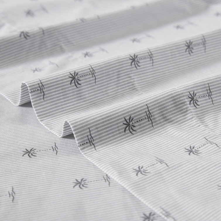 Gray Cotton Percale Queen Sheet Set with Palm Print