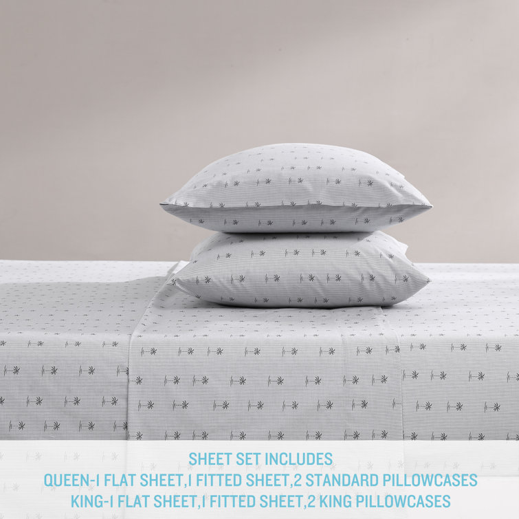Gray Cotton Percale Queen Sheet Set with Palm Print