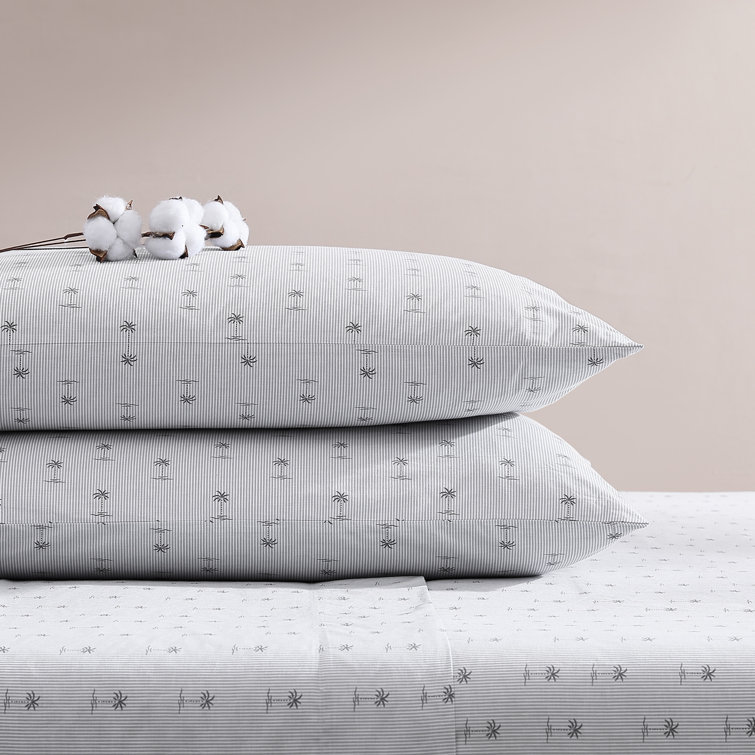 Gray Cotton Percale Queen Sheet Set with Palm Print