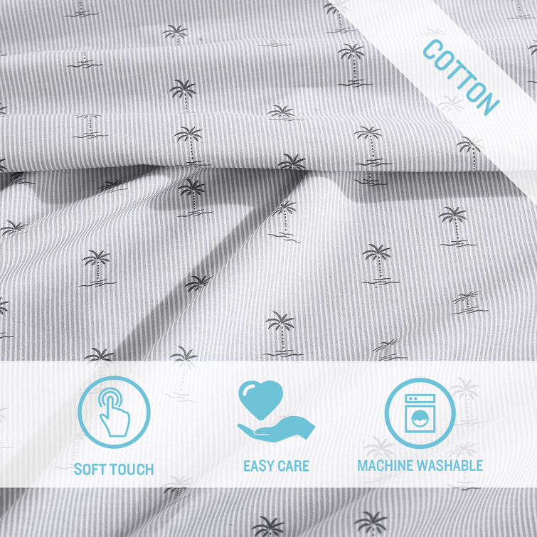 Gray Cotton Percale Queen Sheet Set with Palm Print