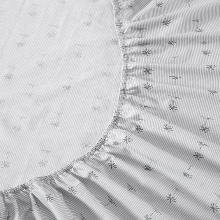 Gray Cotton Percale Queen Sheet Set with Palm Print