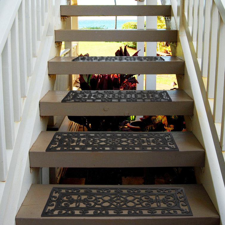 Elegant Black Rubber Scrollwork Non-Slip Stair Treads, 30 x 10 in, Pack of 4