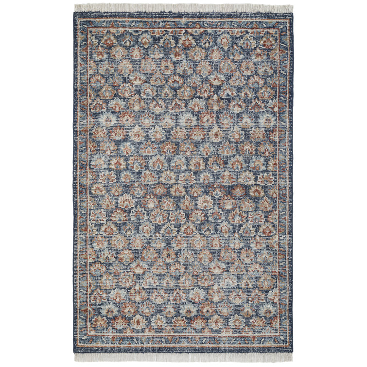 Hand Knotted Blue Wool Floral 5' x 8' Rug