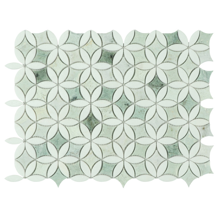Polished Ming Green and Thassos White Marble Mosaic Tile