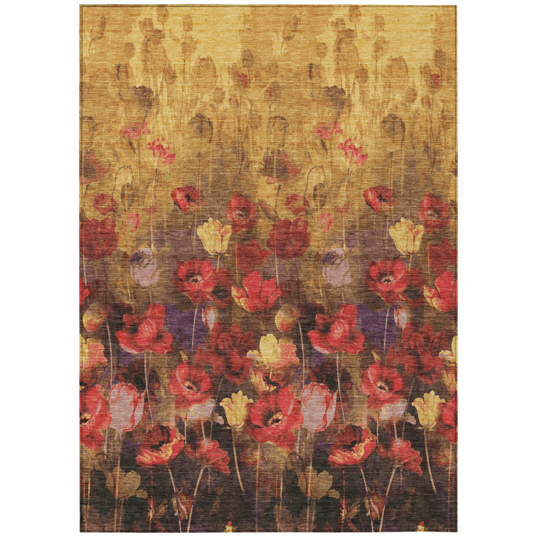 Gold Floral Rectangular Machine Washable Synthetic Rug 1'8" x 2'6"
