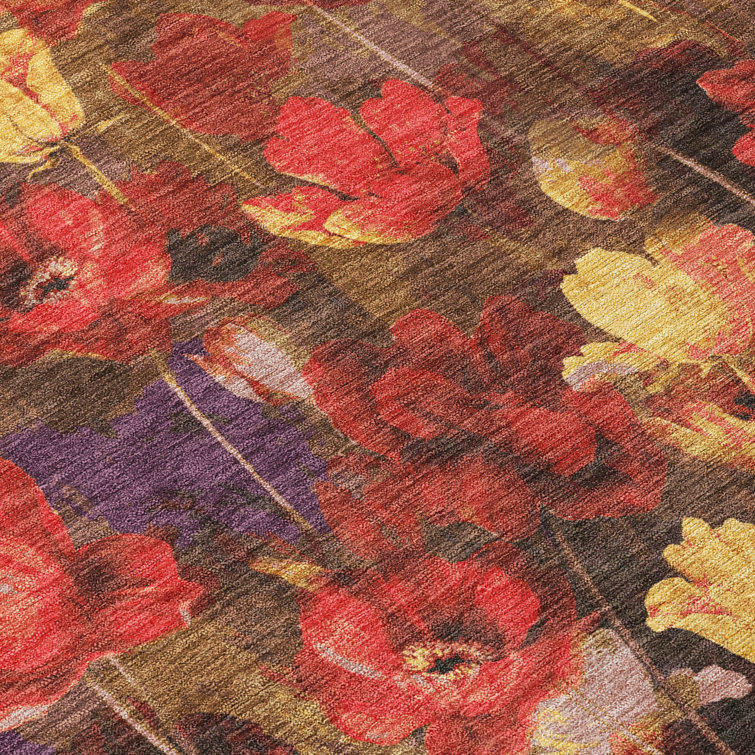 Gold Floral Rectangular Machine Washable Synthetic Rug 1'8" x 2'6"