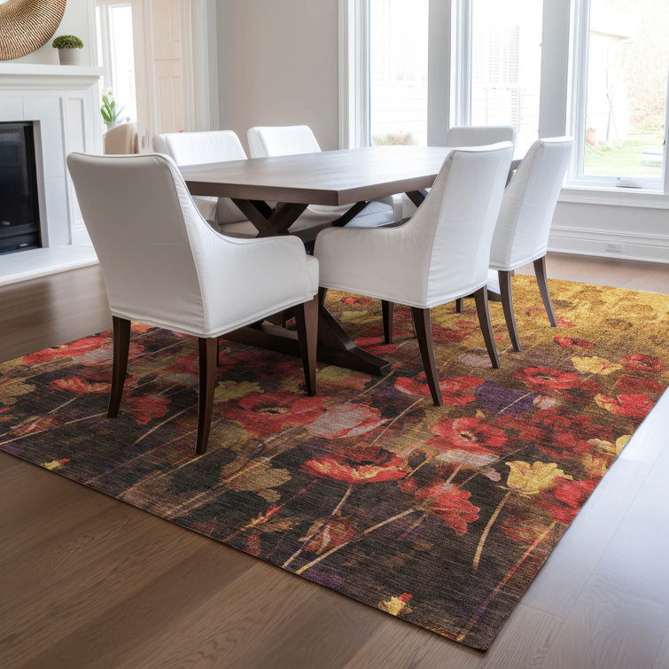 Gold Floral Rectangular Machine Washable Synthetic Rug 1'8" x 2'6"