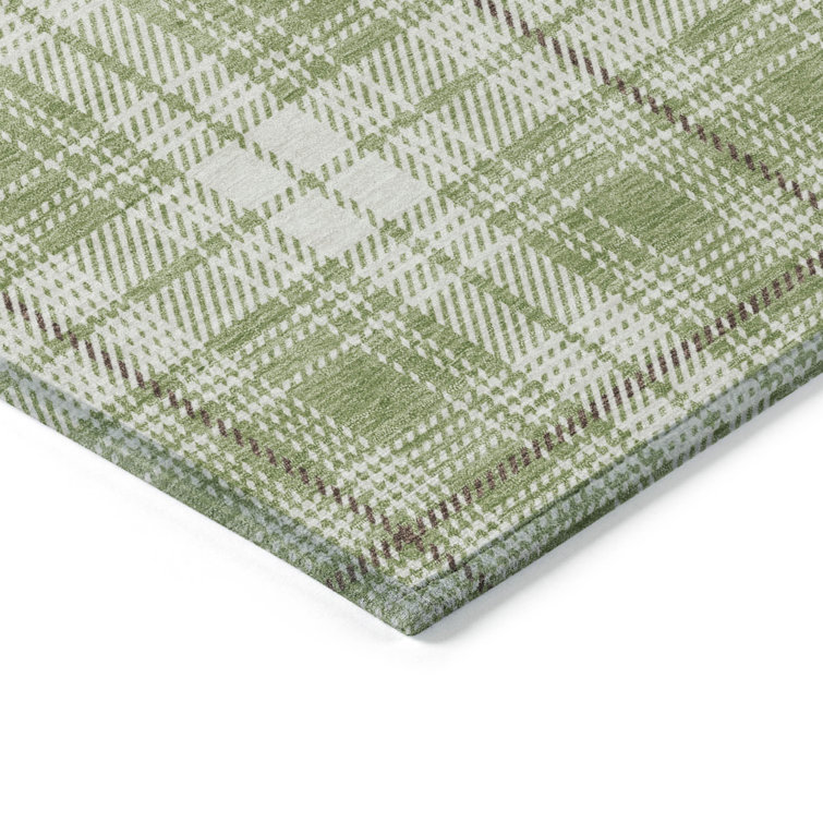 Aloe Green and White Plaid Washable Rectangular Rug