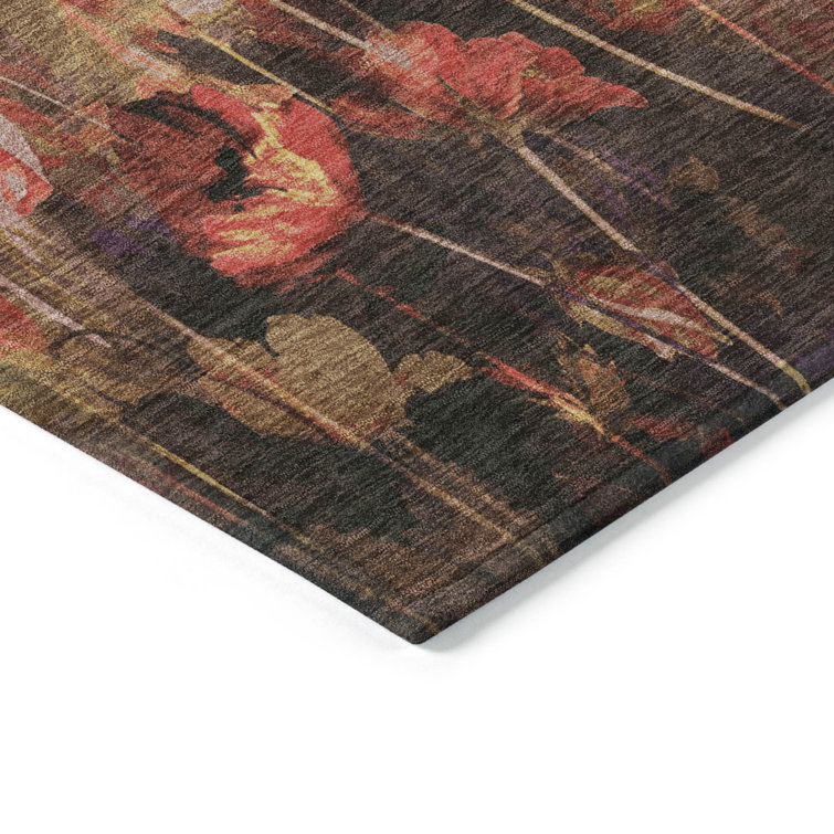 Gold Floral Rectangular Machine Washable Synthetic Rug 1'8" x 2'6"