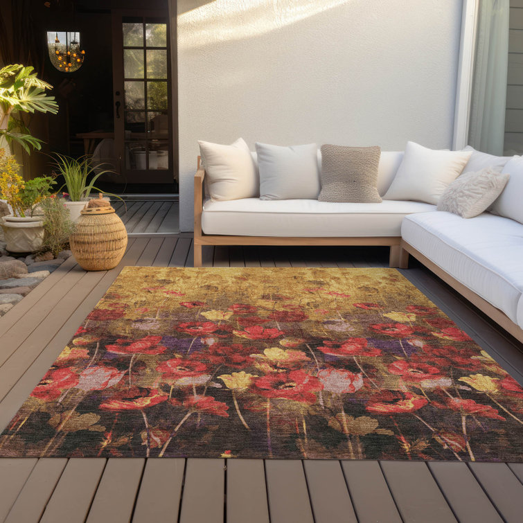 Gold Floral Rectangular Machine Washable Synthetic Rug 1'8" x 2'6"