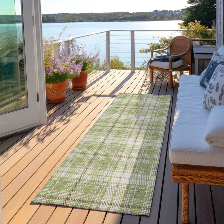 Aloe Green and White Plaid Washable Rectangular Rug
